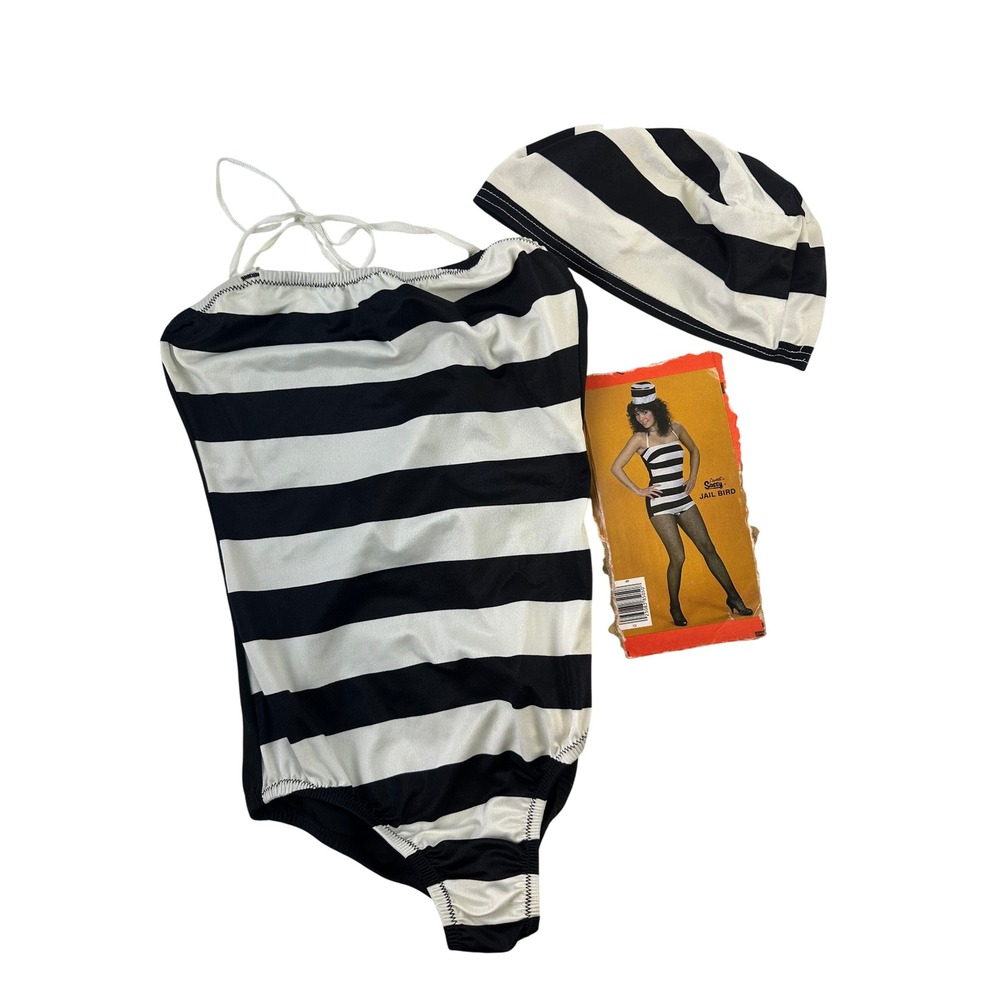 Collegeville Costumes Jail Bird Black White Striped Bodysuit Hat Set Vintage S